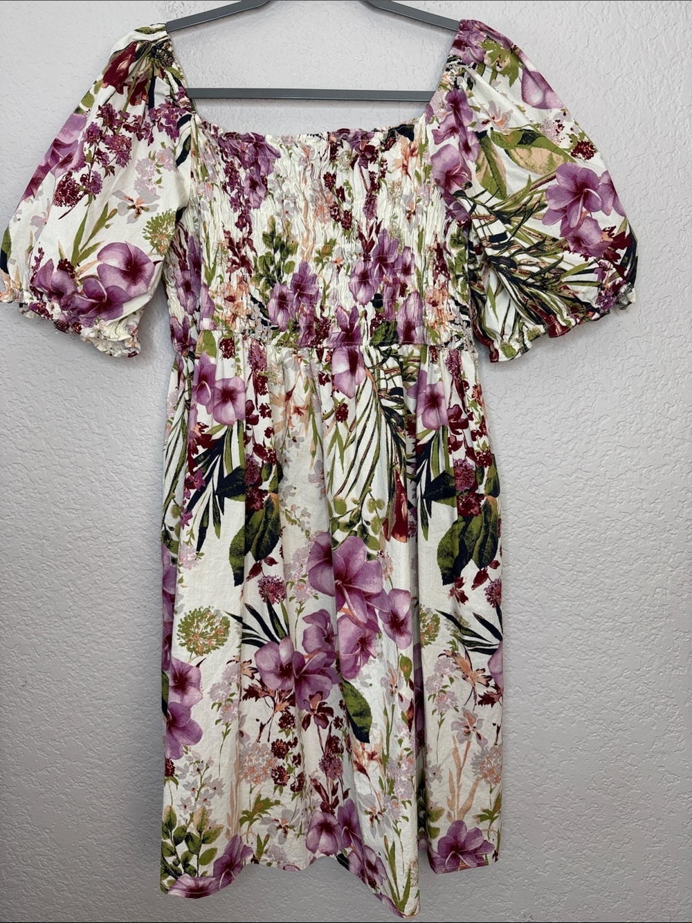 Floral Smocked Puff Sleeve Mini Dress XL Nursing Bump Friendly Summer Cotton - Picture 2 of 7